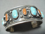 Rare Old Deposit #8 Turquoise Vintage Native American Navajo Coral Sterling Silver Bracelet-Nativo Arts