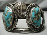 Rare Older Vintage Native American Navajo Gilbert Turquoise Sterling Silver Leaf Bracelet-Nativo Arts