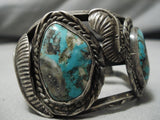 Rare Older Vintage Native American Navajo Gilbert Turquoise Sterling Silver Leaf Bracelet-Nativo Arts