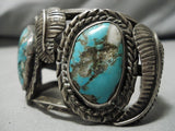 Rare Older Vintage Native American Navajo Gilbert Turquoise Sterling Silver Leaf Bracelet-Nativo Arts