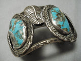 Rare Older Vintage Native American Navajo Gilbert Turquoise Sterling Silver Leaf Bracelet-Nativo Arts