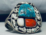 Rare Older Vintage Native American Navajo Turquoise Coral Sterling Silver Bracelet-Nativo Arts