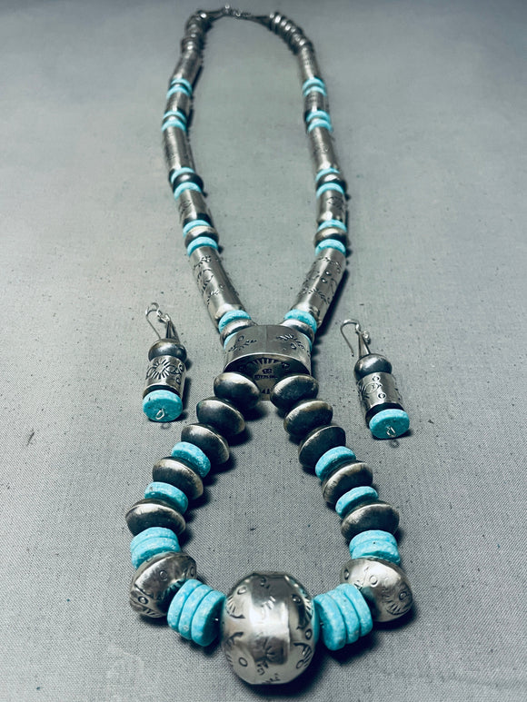 Rare Signed Longer Native American Navajo Turquoise Tubule Sterling Silver Necklace-Nativo Arts