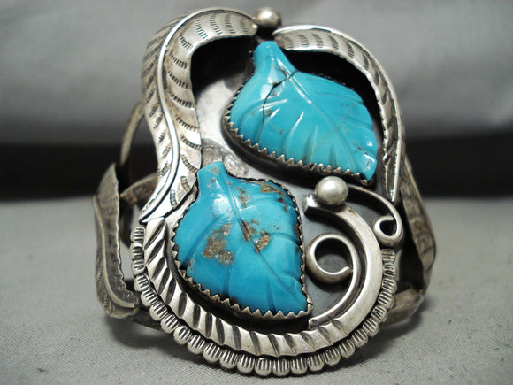 Rare Signed Vintage Native American Navajo Hand Carved Leaf Turquoise Sterling Silver Bracelet-Nativo Arts
