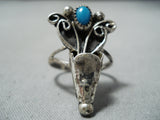 Rare Squash Blossom Vintage Native American Navajo Turquoise Sterling Silver Ring Old-Nativo Arts