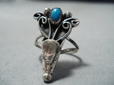 Rare Squash Blossom Vintage Native American Navajo Turquoise Sterling Silver Ring Old-Nativo Arts