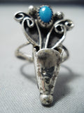 Rare Squash Blossom Vintage Native American Navajo Turquoise Sterling Silver Ring Old-Nativo Arts