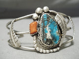 Rare Turquoise Vintage Native American Navajo Sterling Silver Leaf Bracelet-Nativo Arts