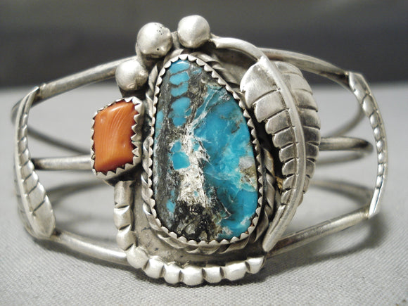 Rare Turquoise Vintage Native American Navajo Sterling Silver Leaf Bracelet-Nativo Arts