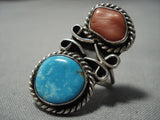 Rare Vintage Native American Jewelry Navajo Blue Carico Lake Turquoise Coral Sterling Silver Ring Old-Nativo Arts