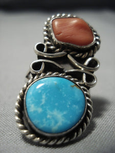 Rare Vintage Native American Jewelry Navajo Blue Carico Lake Turquoise Coral Sterling Silver Ring Old-Nativo Arts