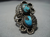 Rare Vintage Native American Jewelry Navajo Blue Wind Turquoise Sterling Silver Ring Old-Nativo Arts