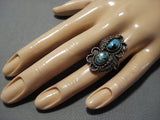 Rare Vintage Native American Jewelry Navajo Blue Wind Turquoise Sterling Silver Ring Old-Nativo Arts