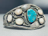 Rare Vintage Native American Navajo Blue Gem Turquoise Mother Of Pearl Sterling Silver Bracelet-Nativo Arts