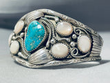 Rare Vintage Native American Navajo Blue Gem Turquoise Mother Of Pearl Sterling Silver Bracelet-Nativo Arts