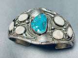 Rare Vintage Native American Navajo Blue Gem Turquoise Mother Of Pearl Sterling Silver Bracelet-Nativo Arts