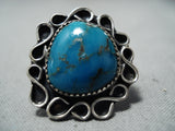 Rare Vintage Native American Navajo Blue Thunder Turquoise Sterling Silver Ring Old-Nativo Arts