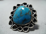 Rare Vintage Native American Navajo Blue Thunder Turquoise Sterling Silver Ring Old-Nativo Arts