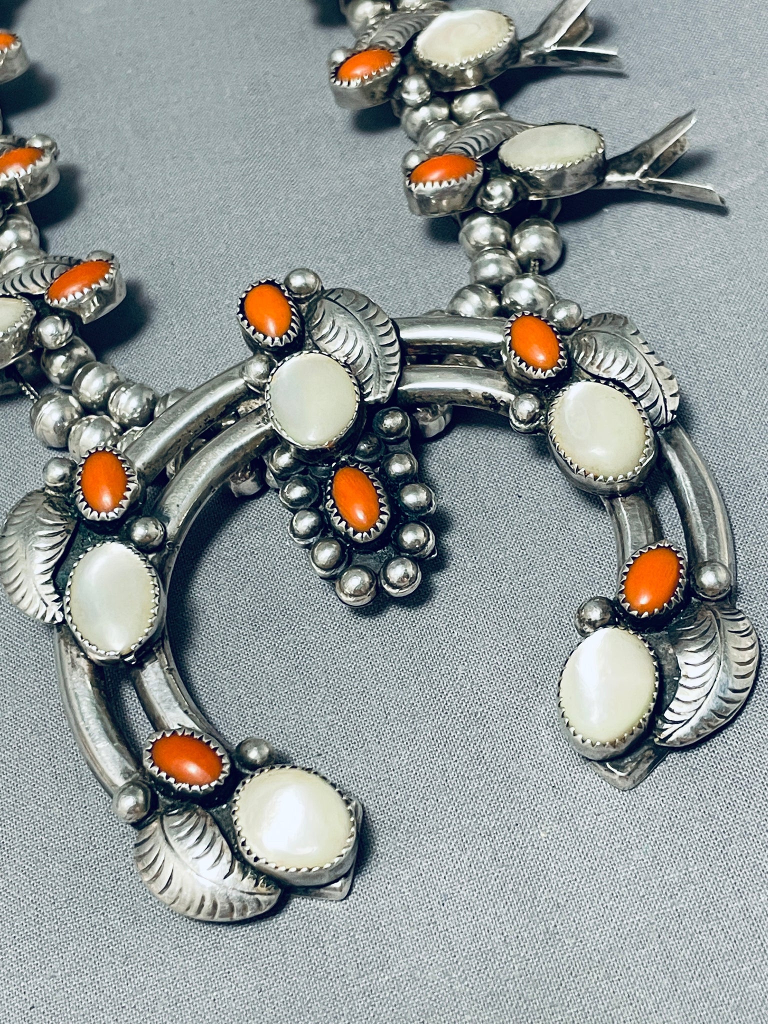 Rare Vintage Native American Navajo Coral Sterling Silver Squash Blossom Necklace