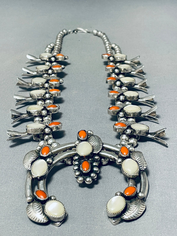 Rare Vintage Native American Navajo Coral Sterling Silver Squash Blossom Necklace-Nativo Arts