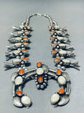 Rare Vintage Native American Navajo Coral Sterling Silver Squash Blossom Necklace-Nativo Arts