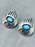 Rare Vintage Native American Navajo Sleeping Beauty Turquoise Sterling Silver Bear Paw Earrings-Nativo Arts