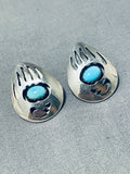 Rare Vintage Native American Navajo Sleeping Beauty Turquoise Sterling Silver Bear Paw Earrings-Nativo Arts