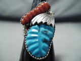 Rare Zuni Native American Turquoise Coral Sterling Silver Ring-Nativo Arts