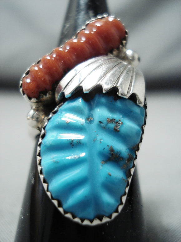 Rare Zuni Native American Turquoise Coral Sterling Silver Ring-Nativo Arts