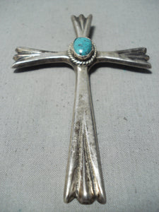 Remarkable Native American Navajo Pilot Mountain Turquoise Sterling Silver Cross Pendant Old-Nativo Arts