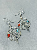 Remarkable Native American Navajo Turquoise Coral Sterling Silver Dreamcatcher Earrings-Nativo Arts