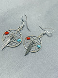 Remarkable Native American Navajo Turquoise Coral Sterling Silver Dreamcatcher Earrings-Nativo Arts