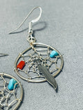 Remarkable Native American Navajo Turquoise Coral Sterling Silver Dreamcatcher Earrings-Nativo Arts