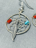Remarkable Native American Navajo Turquoise Coral Sterling Silver Dreamcatcher Earrings-Nativo Arts
