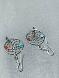 Remarkable Native American Navajo Turquoise Coral Sterling Silver Dreamcatcher Earrings-Nativo Arts