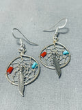 Remarkable Native American Navajo Turquoise Coral Sterling Silver Dreamcatcher Earrings-Nativo Arts