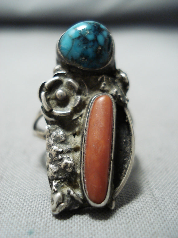 Remarkable Vintage Native American Navajo Spiderweb Turquoise Coral Sterling Silver Ring-Nativo Arts