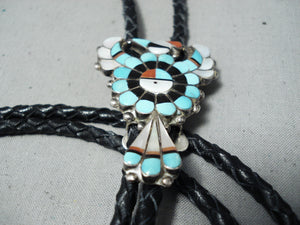 Remarkable Vintage Native American Zuni Inlay Turquoise Coral Jet Thunderbird Bolo-Nativo Arts