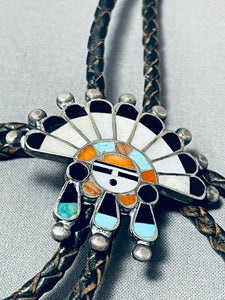 Remarkable Vintage Native American Zuni Turquoise Coral Sterling Silver Sunface Bolo Tie-Nativo Arts