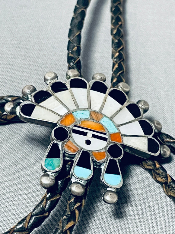 Remarkable Vintage Native American Zuni Turquoise Coral Sterling Silver Sunface Bolo Tie-Nativo Arts