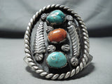 Richard Yazzie Vintage Native American Navajo Turquoise Coral Sterling Silver Leaf Bracelet-Nativo Arts