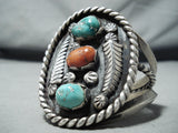 Richard Yazzie Vintage Native American Navajo Turquoise Coral Sterling Silver Leaf Bracelet-Nativo Arts