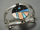 Rotating Medallion!! Vintage Native American Navajo Turquoise Sterling Silver Inlay Bracelet-Nativo Arts