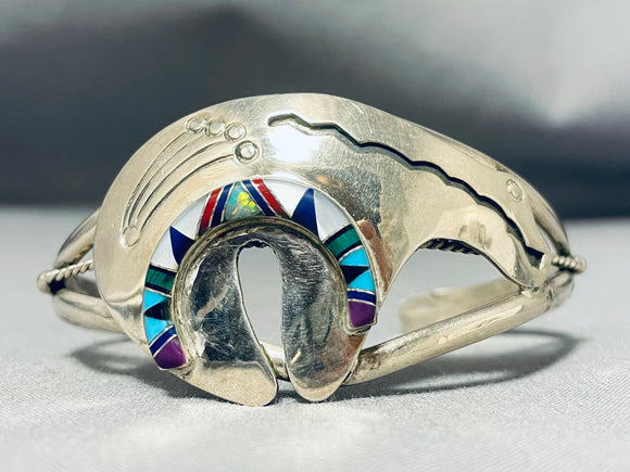 Sacred Bear Vintage Native American Navajo Turquoise Inlay Sterling Silver Bracelet-Nativo Arts