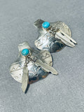 Sensational Native American Navajo Kingman Turquoise Sterling Silver Earrings-Nativo Arts