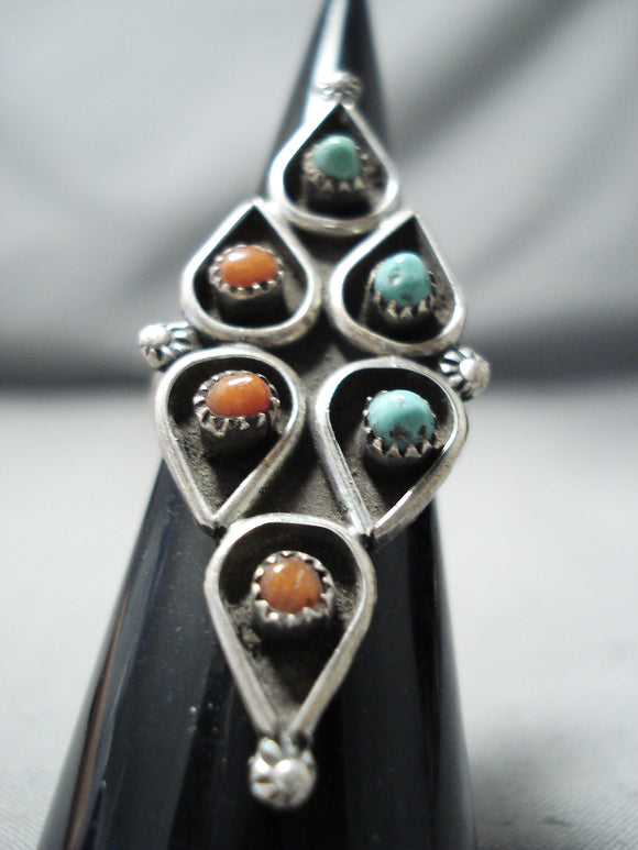 Sensational Vintage Native American Navajo Turquoise & Coral Sterling Silver Ring Old-Nativo Arts