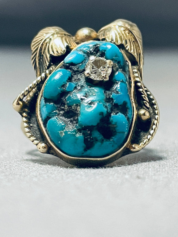 Signed 14k Gold Real Diamond Turquoise Rare Vintage Native