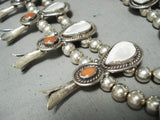 Signed Authentic Vintage Native American Navajo Coral Sterling Silver Squash Blossom Necklace-Nativo Arts