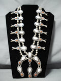 Signed Authentic Vintage Native American Navajo Coral Sterling Silver Squash Blossom Necklace-Nativo Arts