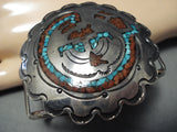 Signed Big Vintage Native American Navajo Turquoise Coral Sterling Silver Bracelet-Nativo Arts